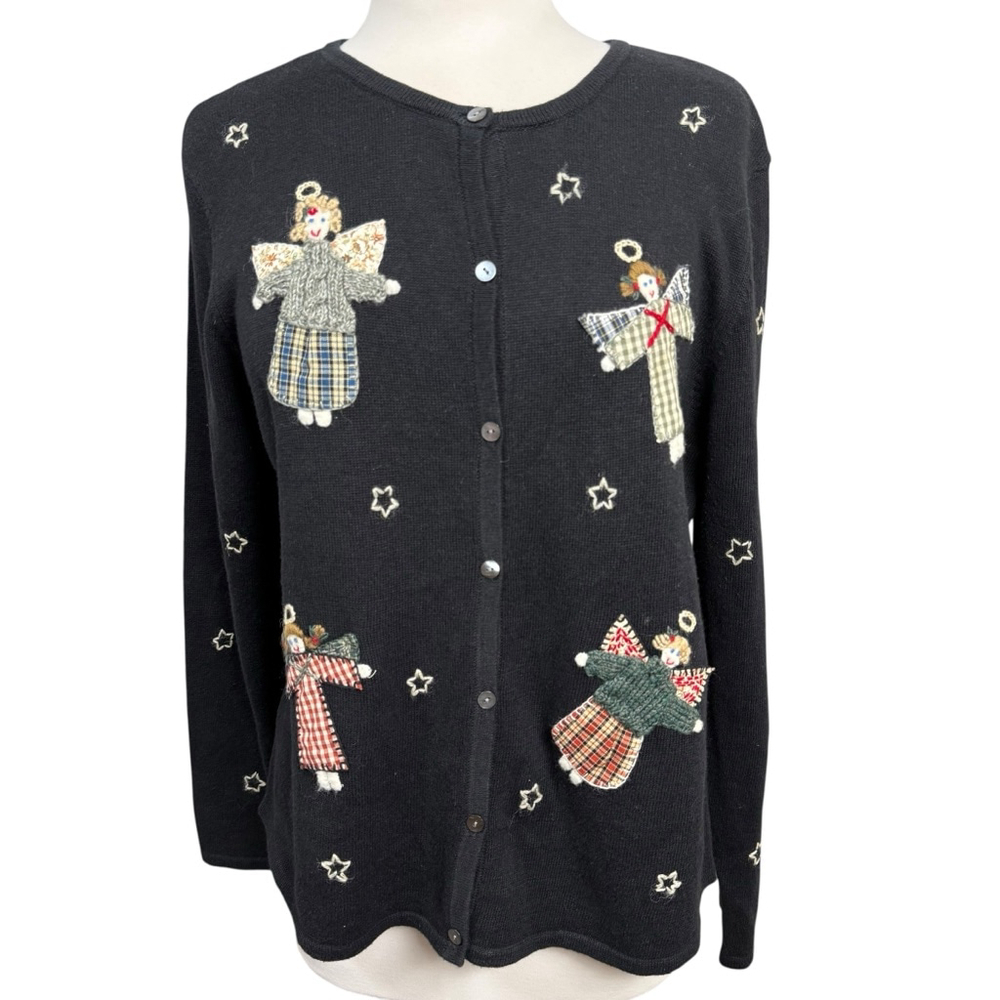 Vintage Cambridge Dry Goods XL Black Angel Appliqué Sweater Cardigan Embroidered